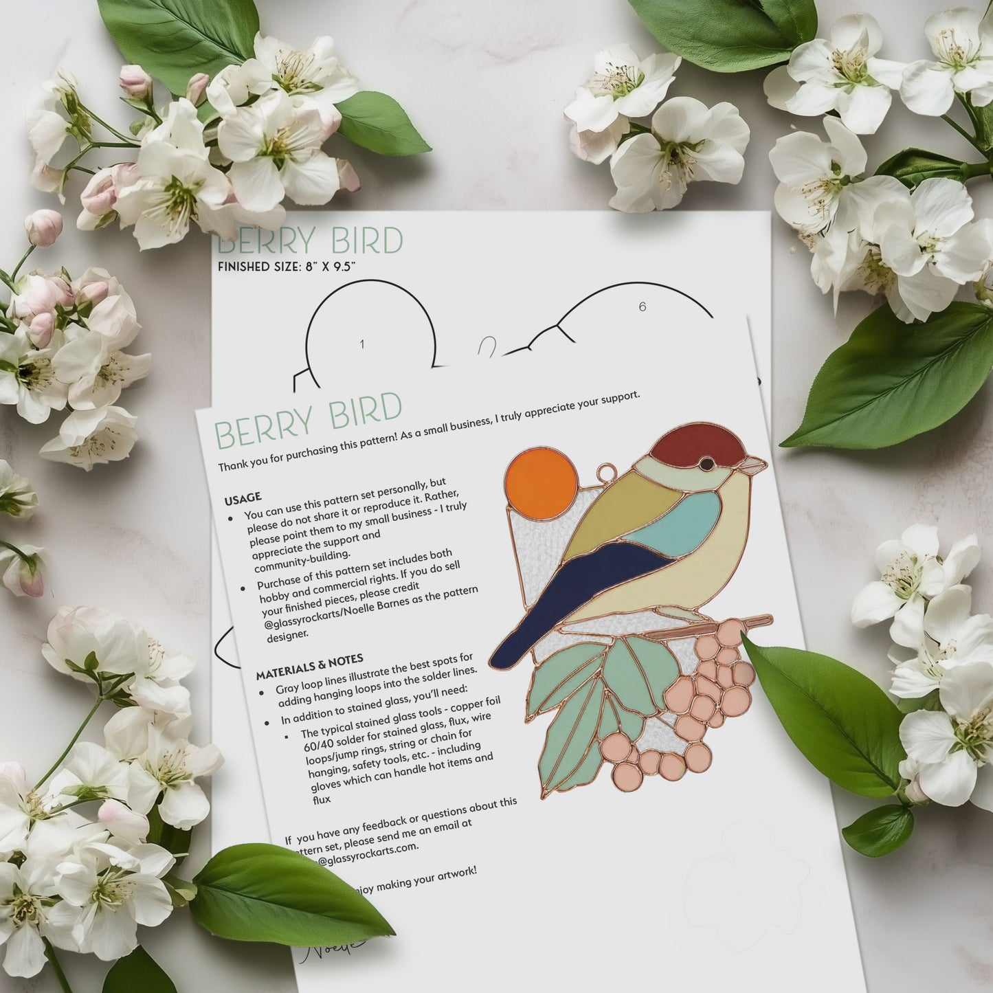 Bird with Berries Stained Glass Pattern with SVG and PNG