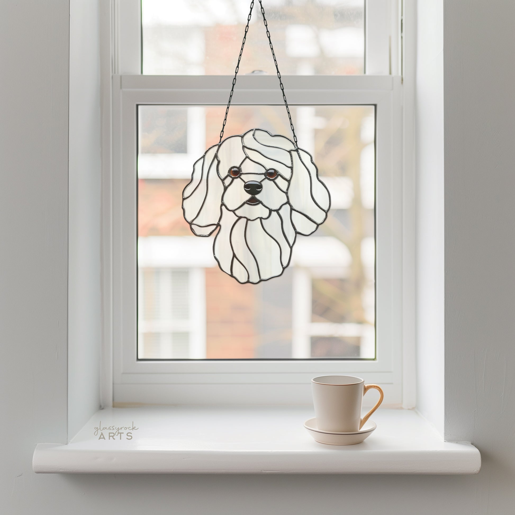 A picture of the Bichon Frise Dog Stained Glass Pattern from GlassyRock Arts. 