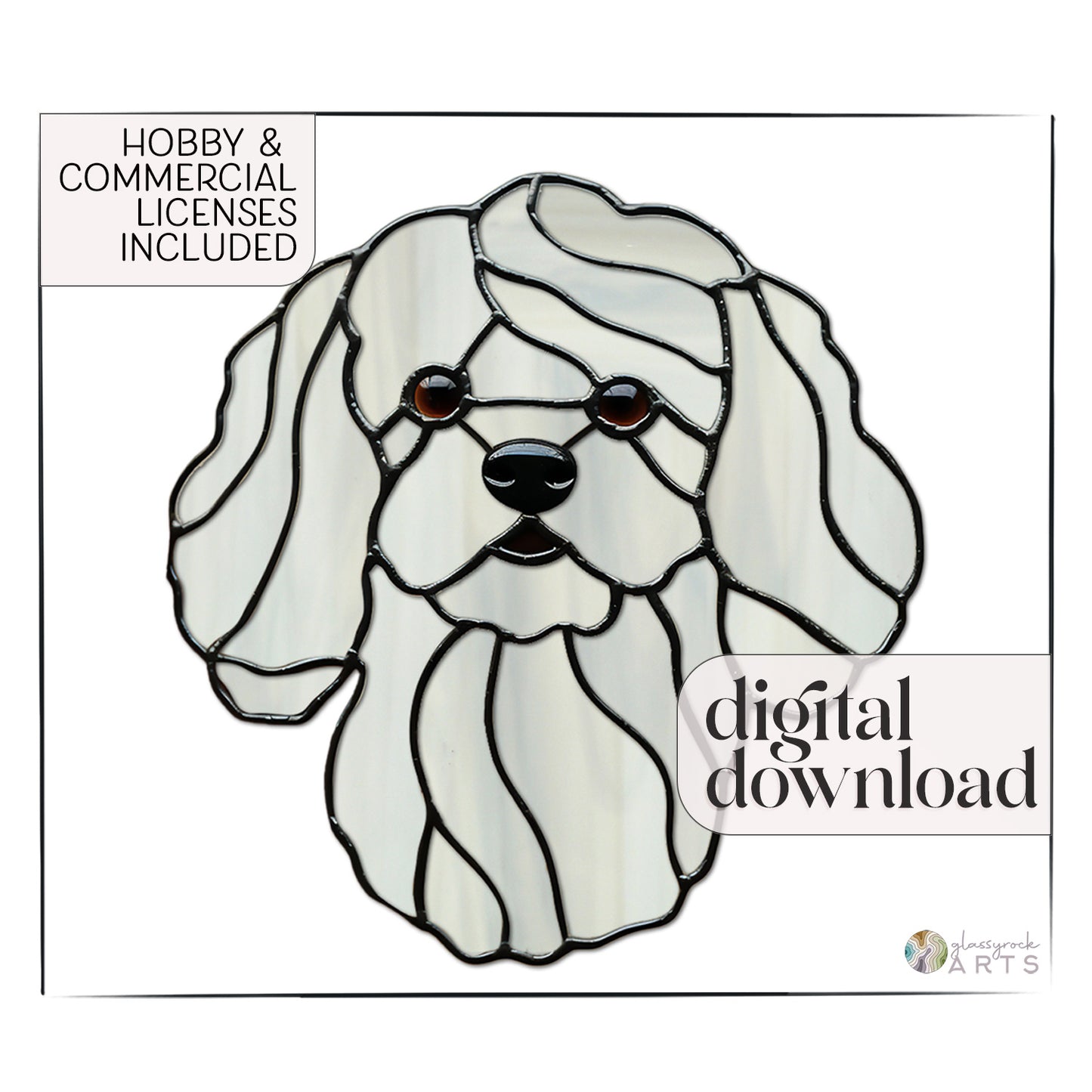 Bichon Frise Dog Stained Glass Pattern featuring the breeds white, wavy fur and black eyes and nose. Includes text: Hobby & Commercial Licenses Included and available as a digital download.