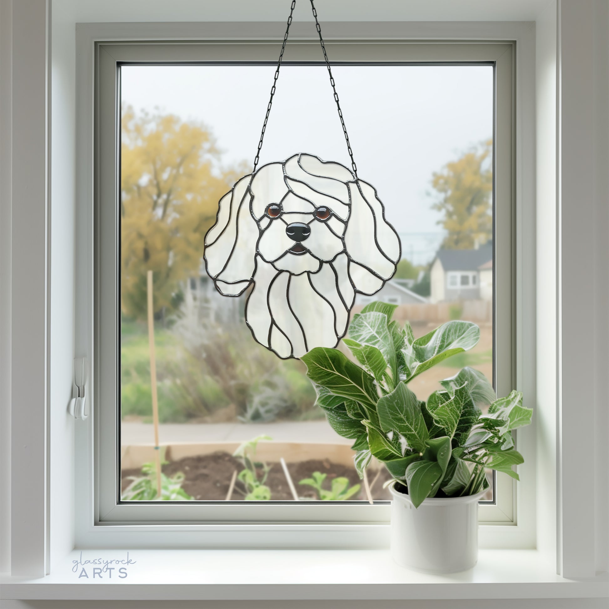 A picture of the Bichon Frise Dog Stained Glass Pattern from GlassyRock Arts. 