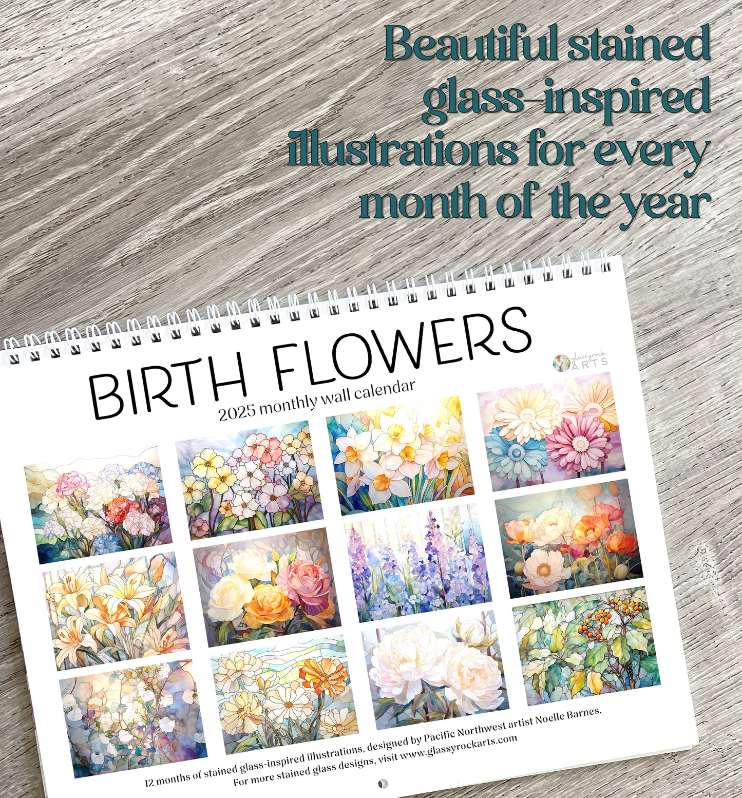 The back of the birth flowers calendar on a wood table.