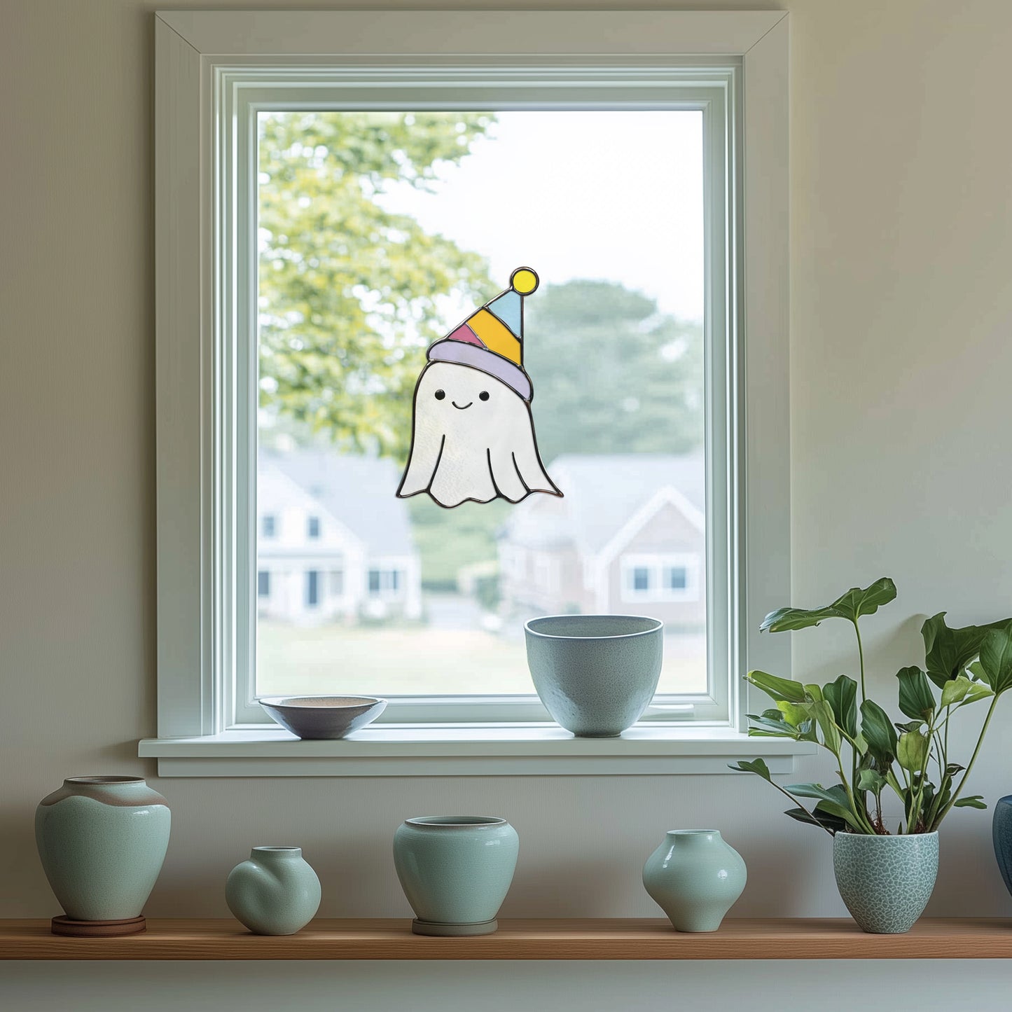 Cute Birthday Ghost Stained Glass Pattern and PNG