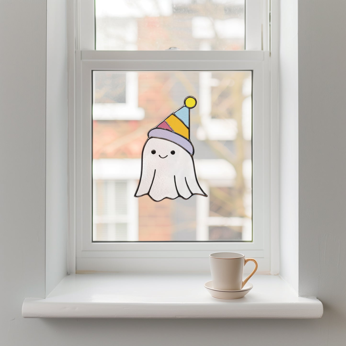 Cute Birthday Ghost Stained Glass Pattern and PNG