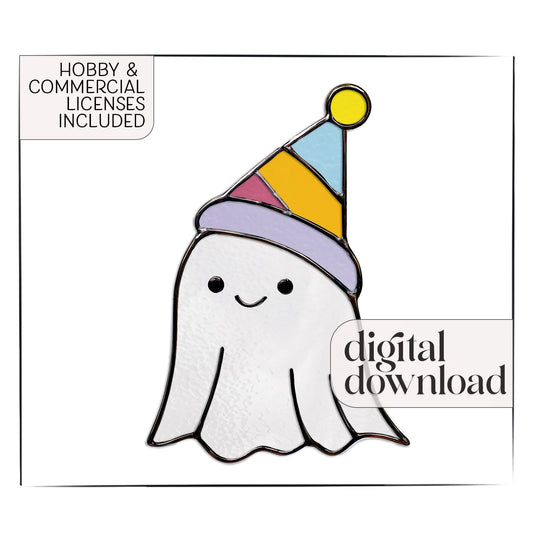 Cute Birthday Ghost Stained Glass Pattern and PNG