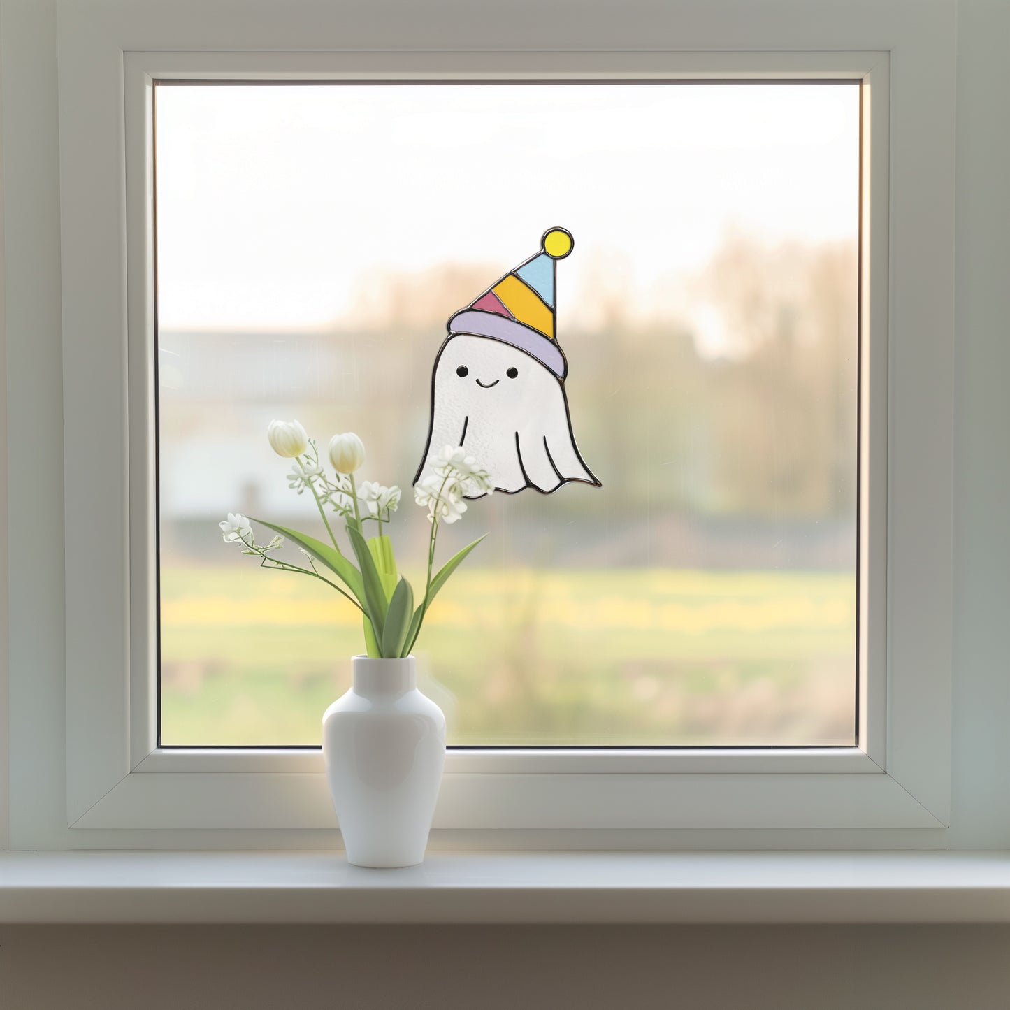 Cute Birthday Ghost Stained Glass Pattern and PNG