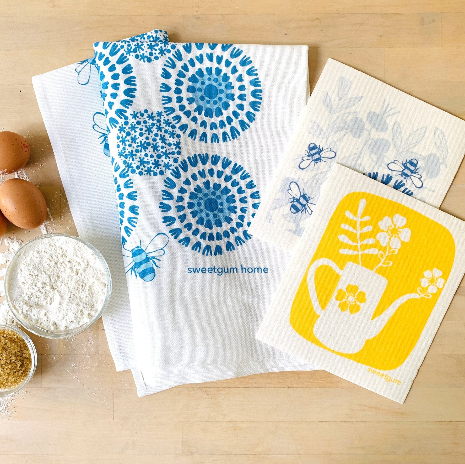 Bloom Tea Towel + 2 Swedish Dishcloths Bundle - Tea Towel from sweetgum home, LLC