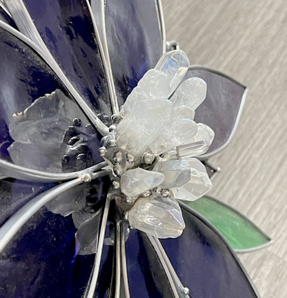 Handmade Stained Glass Flower and Crystal Suncatcher - XL Blue