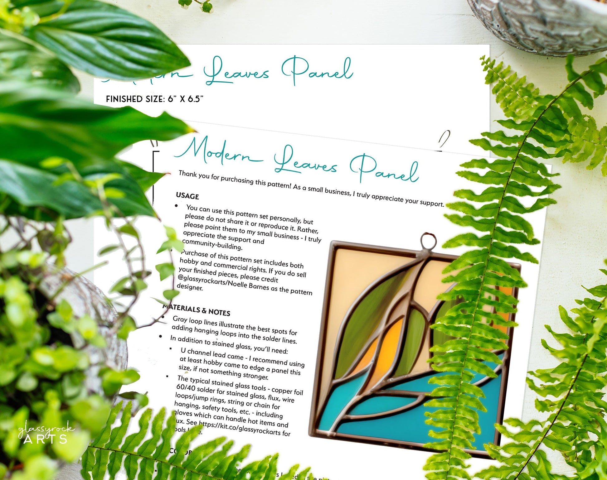 A picture of the Modern Leaves Stained Glass Plant Pattern 4-Pack from GlassyRock Arts. 