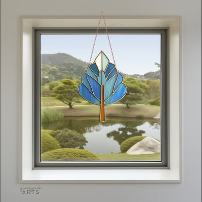 A picture of a blue art deco tree stained glass pattern from GlassyRock Arts.