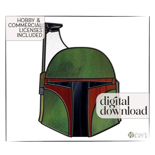 Digital download of a stained glass pattern featuring a Boba Fett helmet in green and red, reminiscent of a Star Wars character. Comes with Hobby & Commercial Licenses Included, ideal for creating a unique suncatcher on white background.