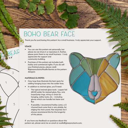 Boho Bear Face Stained Glass Pattern, SVG and PNG