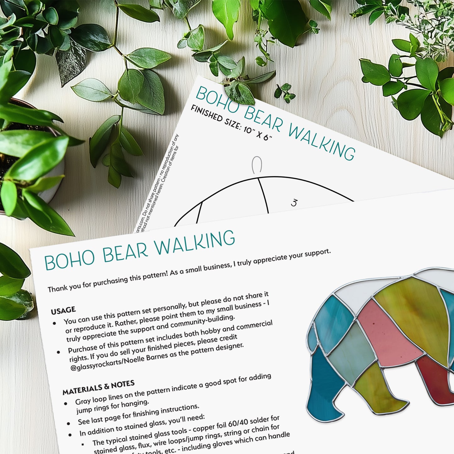 Boho Walking Bear Stained Glass Pattern PDF & PNG - Crafting Patterns & Molds from GlassyRock Arts