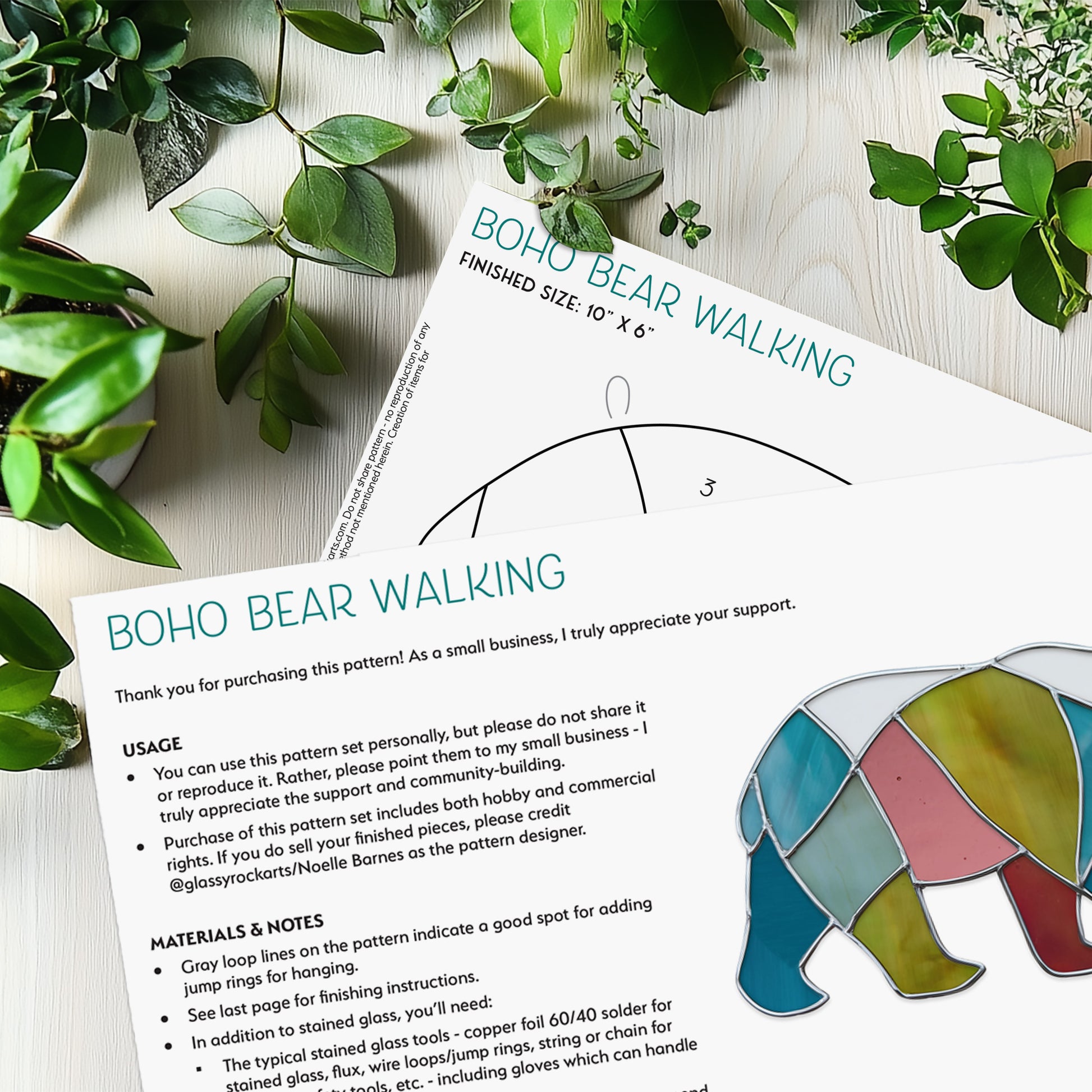 Boho Walking Bear Stained Glass Pattern PDF & PNG - Crafting Patterns & Molds from GlassyRock Arts