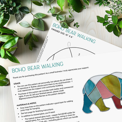 Boho Walking Bear Stained Glass Pattern PDF & PNG - Crafting Patterns & Molds from GlassyRock Arts