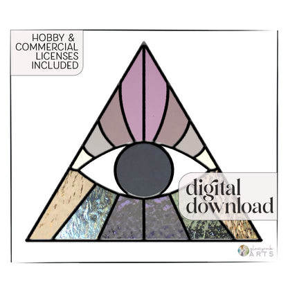 The Boho Eye Triangle Stained Glass Pattern showcases an abstract geometric design with an eye in a triangle in pastel shades. Text includes Hobby & Commercial Licenses Included and digital download on a white background.