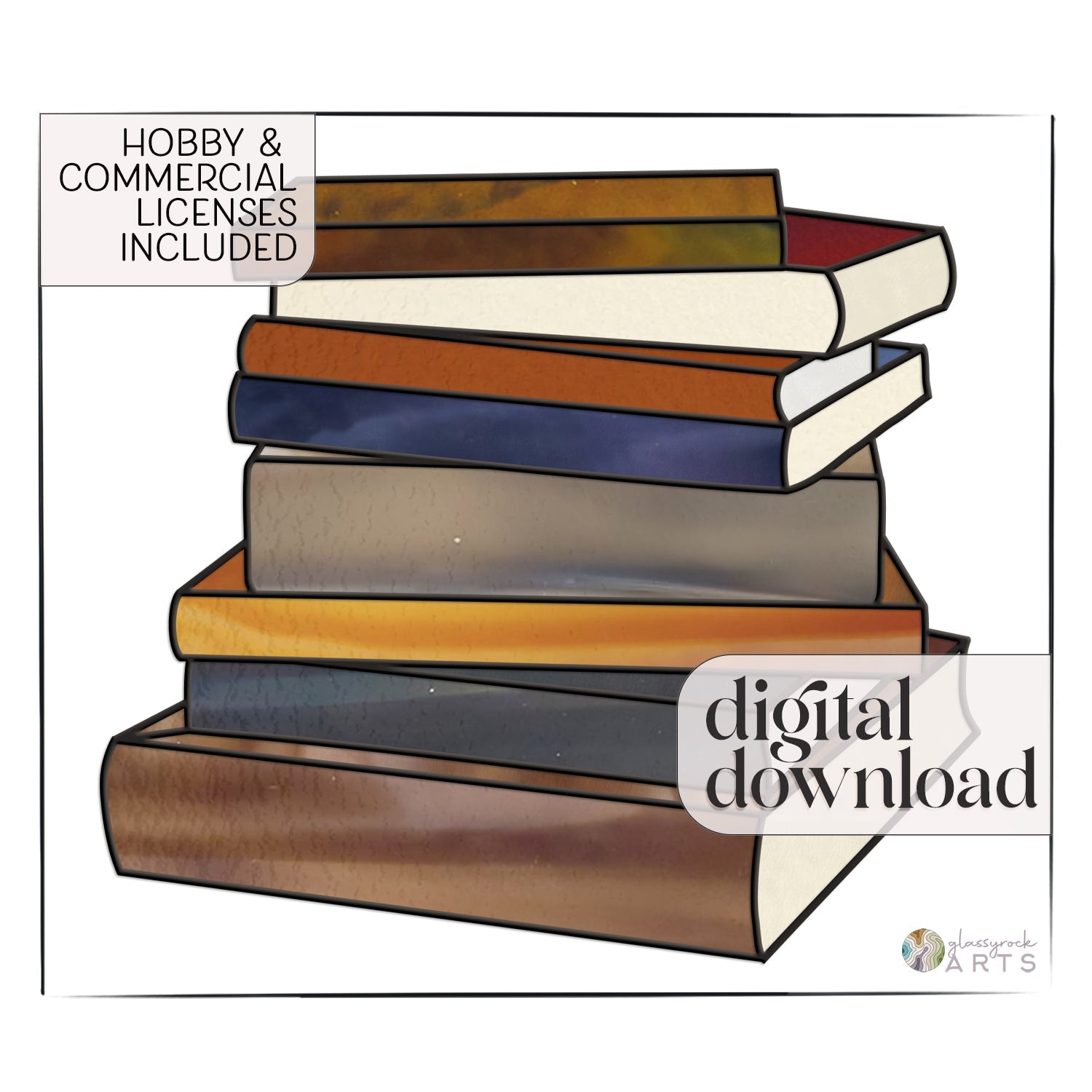 A vibrant illustration of a stack of seven assorted books in various colors and sizes titled Books Stained Glass Pattern. Ideal for book lovers, its available as a digital download with Hobby & Commercial Licenses Included text.