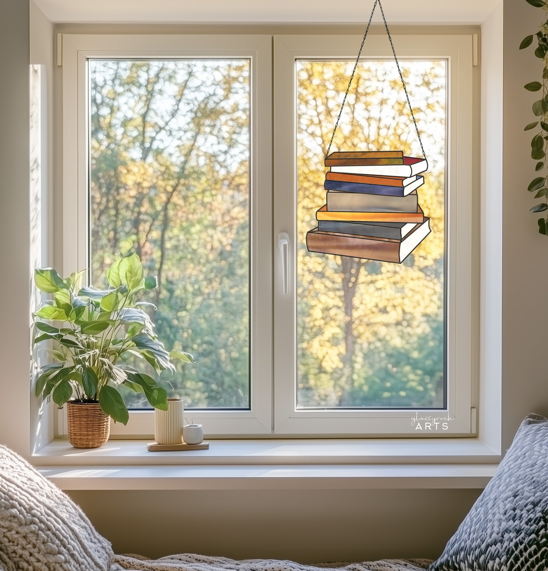 A cozy window area features a green potted plant and a cup on the sill, with autumn trees outside. A Books Stained Glass Pattern sun catcher hangs in the window as an ideal gift for book lovers, while a cushioned seat invites relaxation in the foreground.