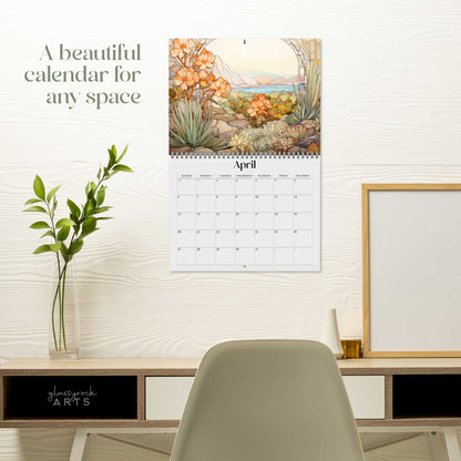 The 2025 Wall Calendar - Stained Glass Tropical Blooms, features vivid tropical flower illustrations. 