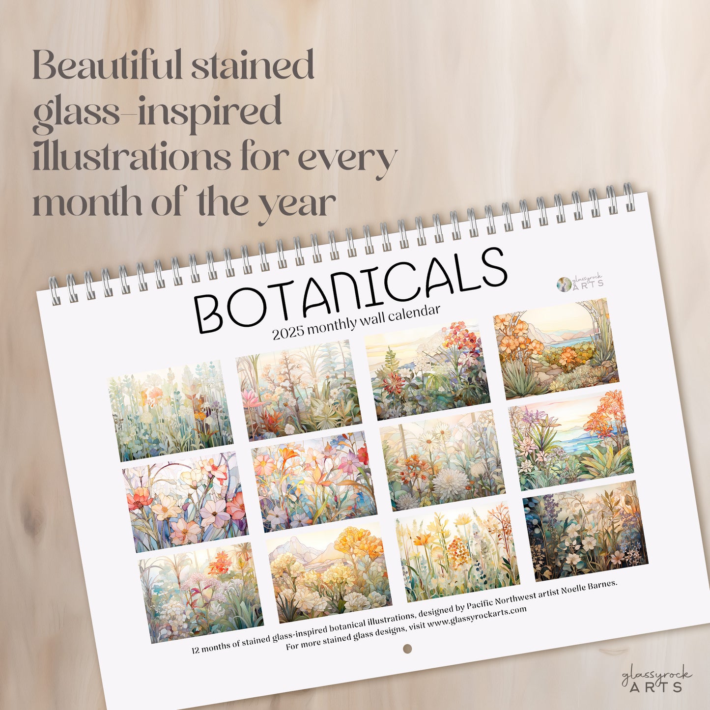 The 2025 Wall Calendar - Stained Glass Tropical Blooms, features vivid tropical flower illustrations. 