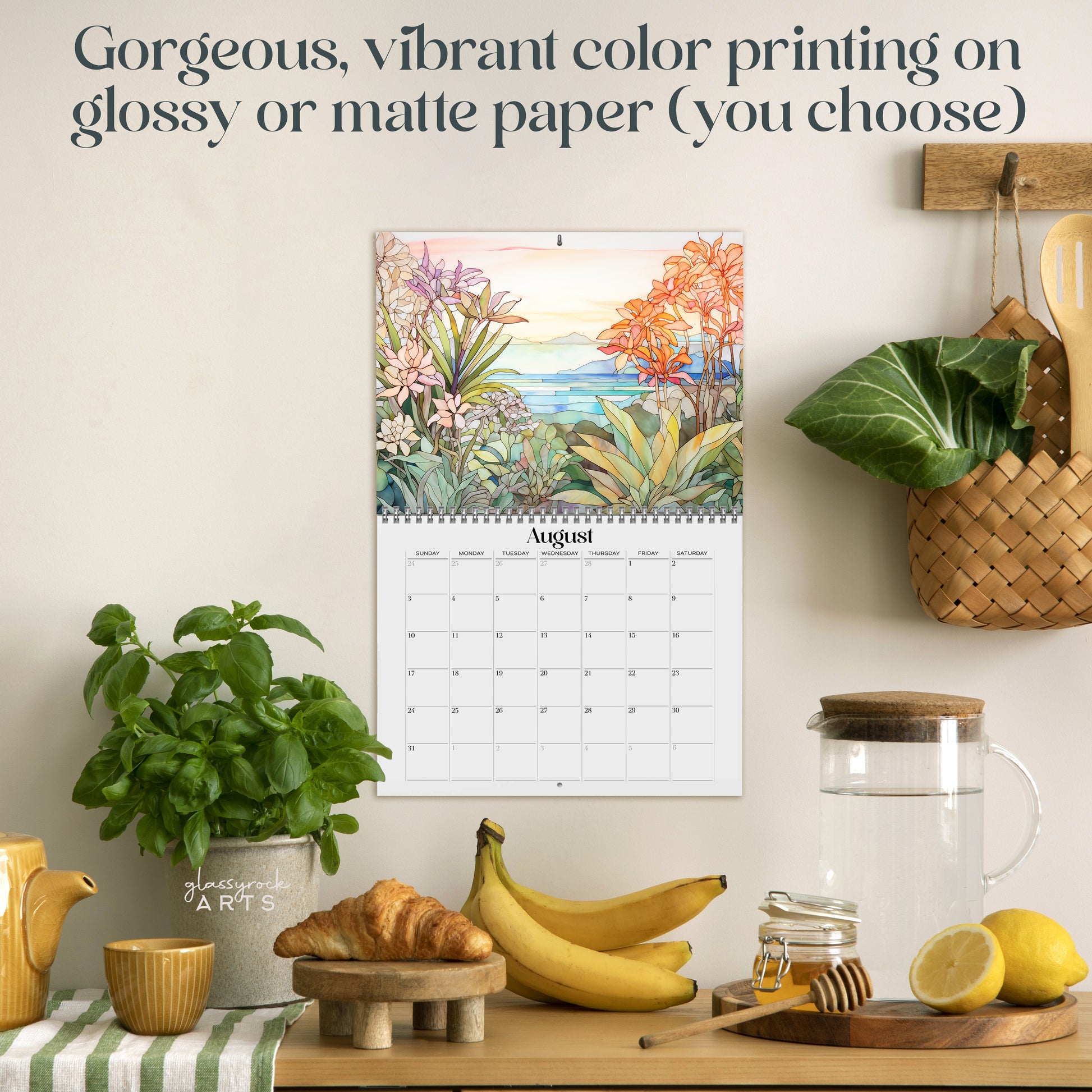 The 2025 Wall Calendar - Stained Glass Tropical Blooms, features vivid tropical flower illustrations. 