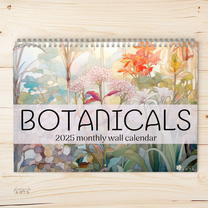 The 2025 Wall Calendar - Stained Glass Tropical Blooms, features vivid tropical flower illustrations. 