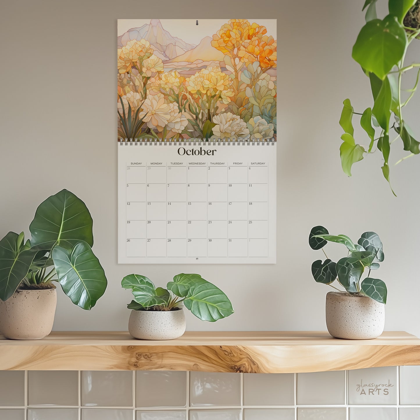 The 2025 Wall Calendar - Stained Glass Tropical Blooms, features vivid tropical flower illustrations. 