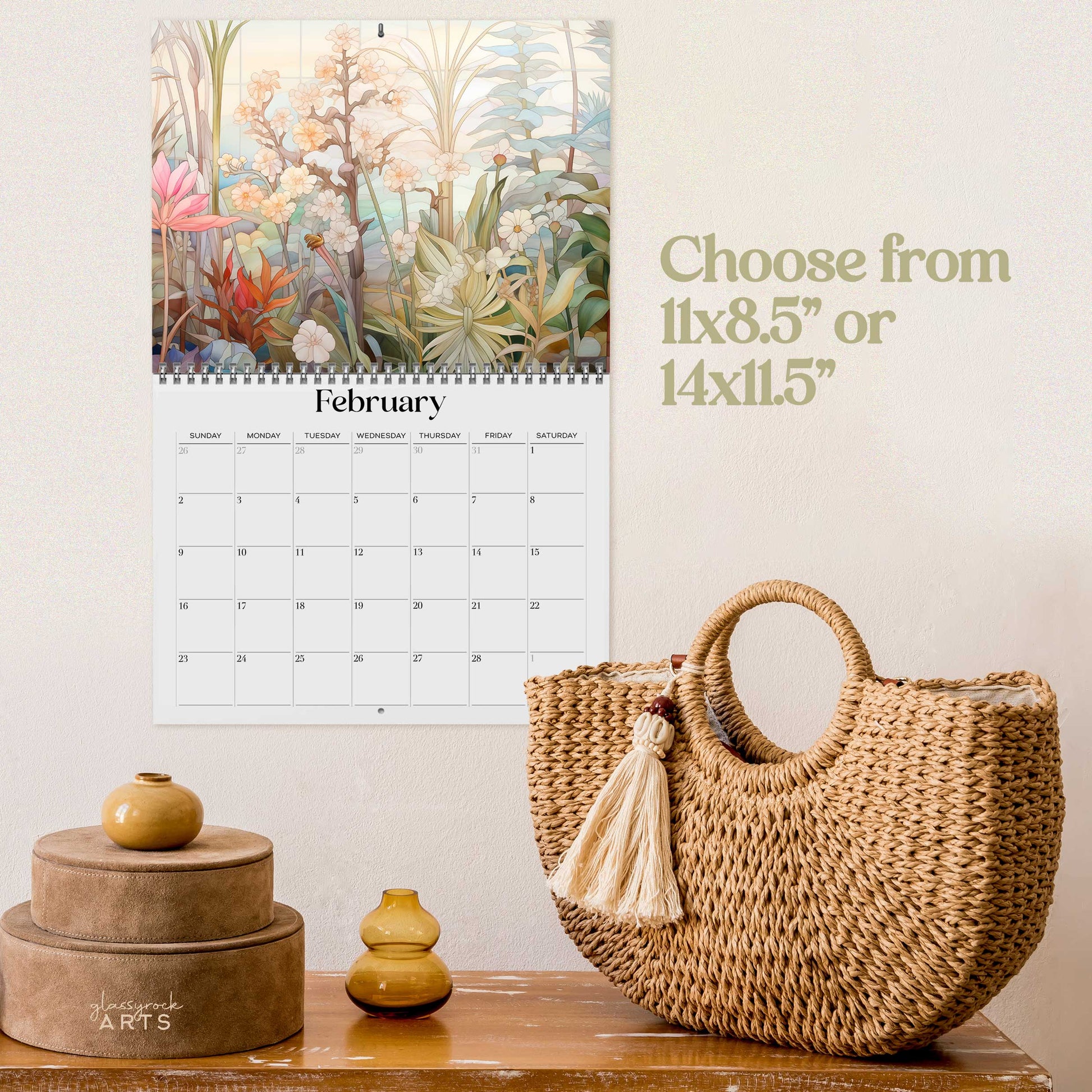 The 2025 Wall Calendar - Stained Glass Tropical Blooms, features vivid tropical flower illustrations. 