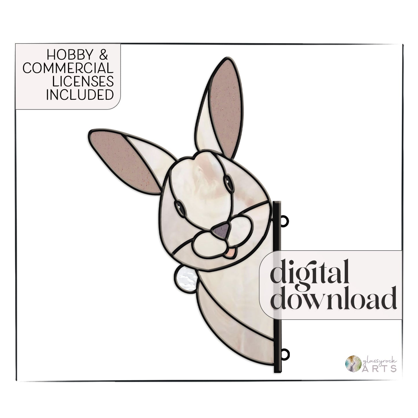 Illustration of the Rabbit Buddy Bunny Stained Glass Rabbit Pattern on a white background, featuring text Hobby & Commercial Licenses Included and Digital Pattern Download. A logo is placed in the bottom corner.