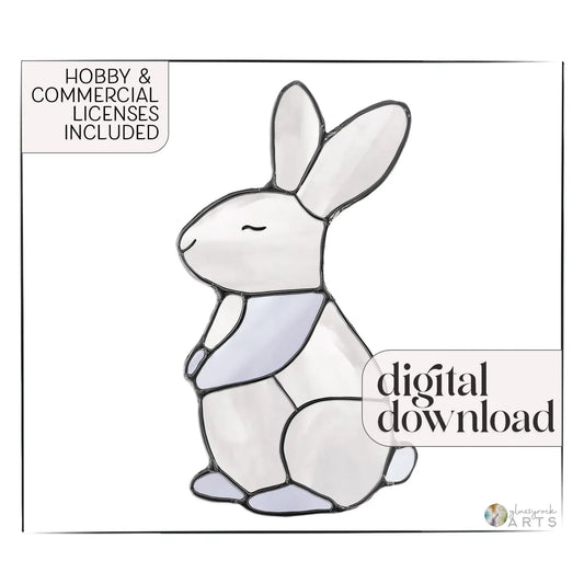 The Bunny Stained Glass Pattern features a minimalist illustration of a white rabbit with gray and lilac accents. It includes text: Hobby & Commercial Licenses Included and digital download, along with a logo in the corner.