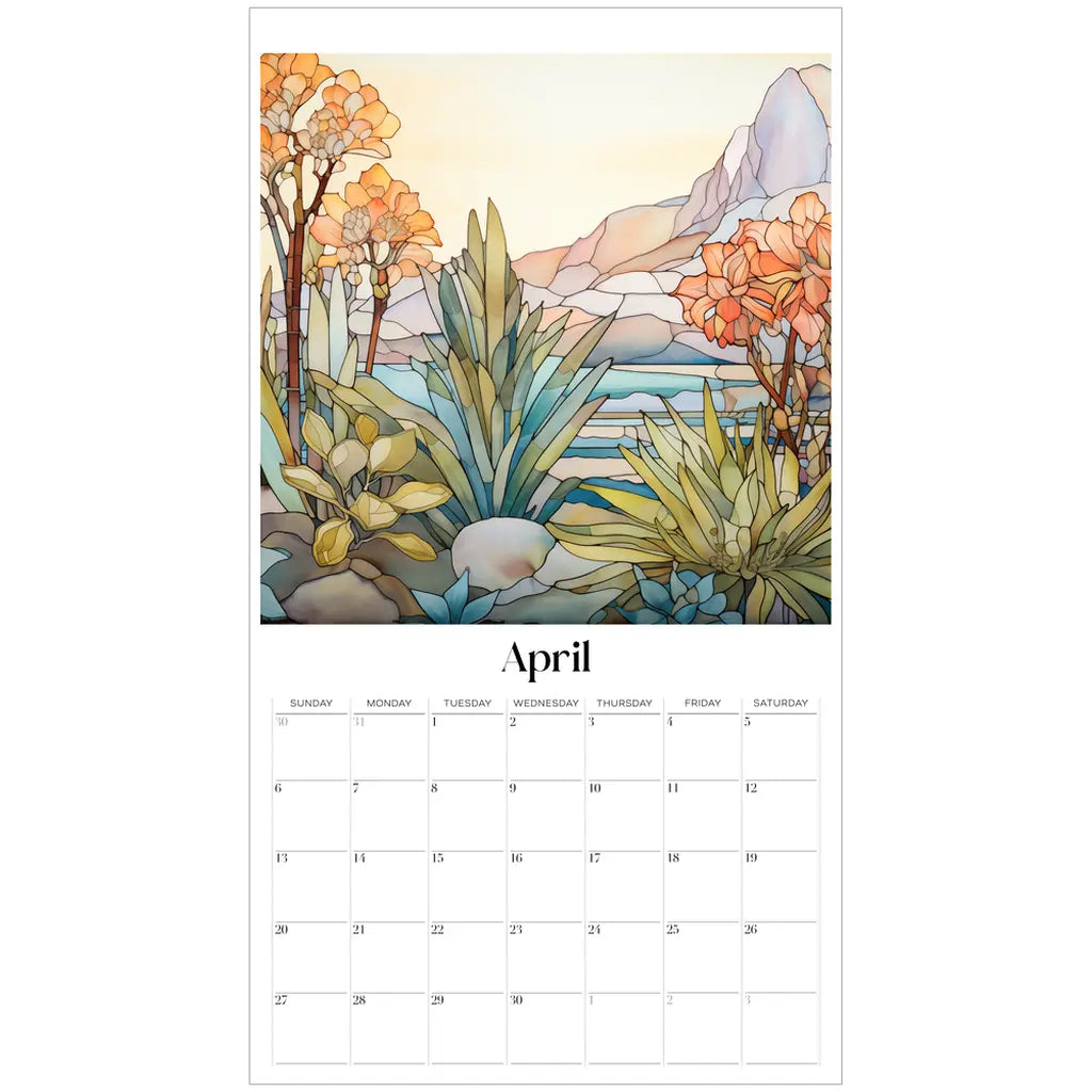 The 2025 Desert Landscapes Large Wall Calendars April page displays a stunning landscape of blooming orange flowers and lush green plants with distant mountains under a pastel sky. Botanical illustrations elegantly feature the days of the week above the date grid.