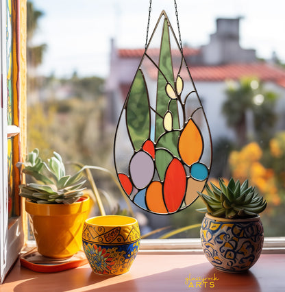 A picture of the Cactus Stained Glass Teardrop Pattern from GlassyRock Arts. 