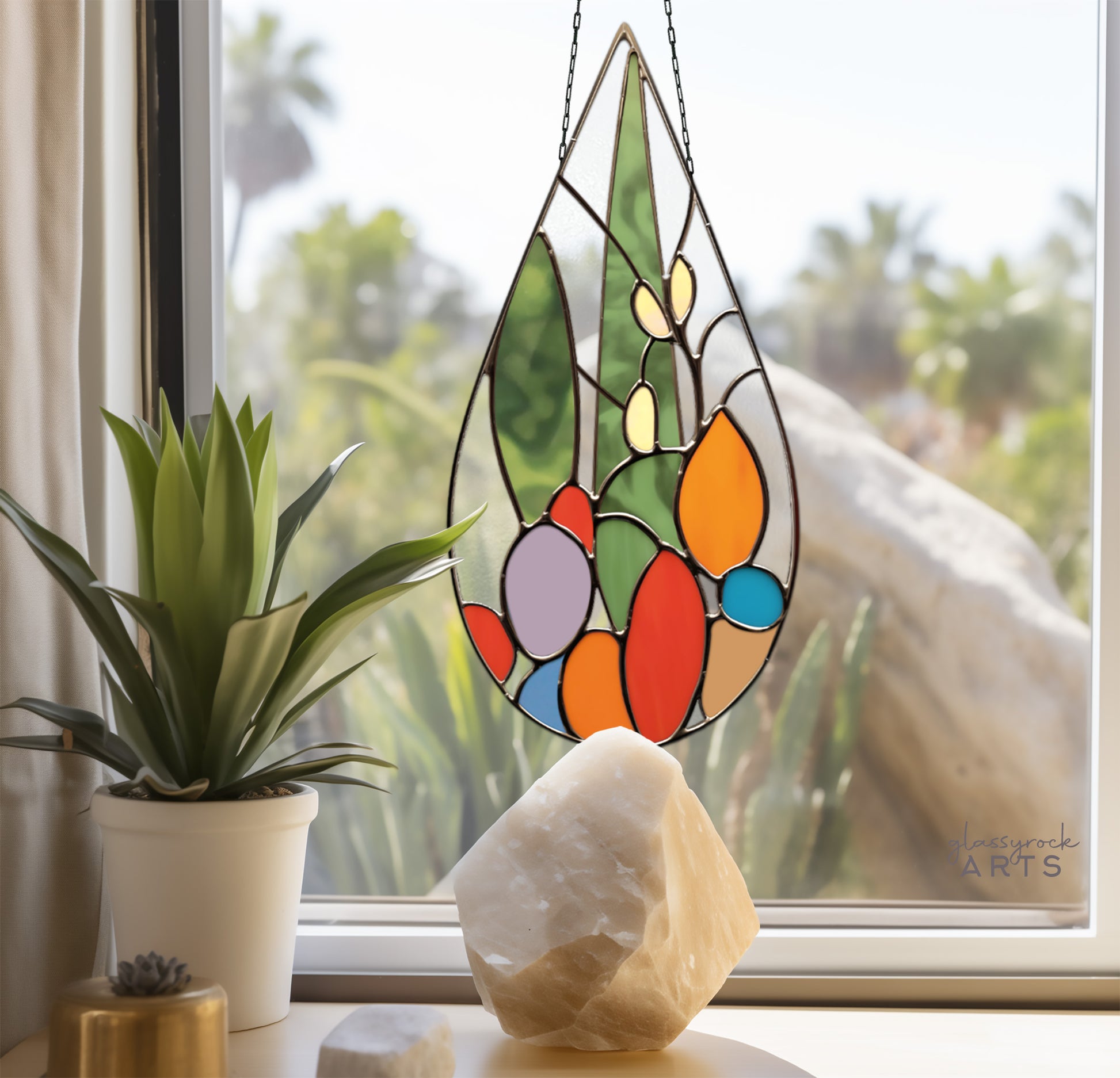 A picture of the Cactus Stained Glass Teardrop Pattern from GlassyRock Arts. 