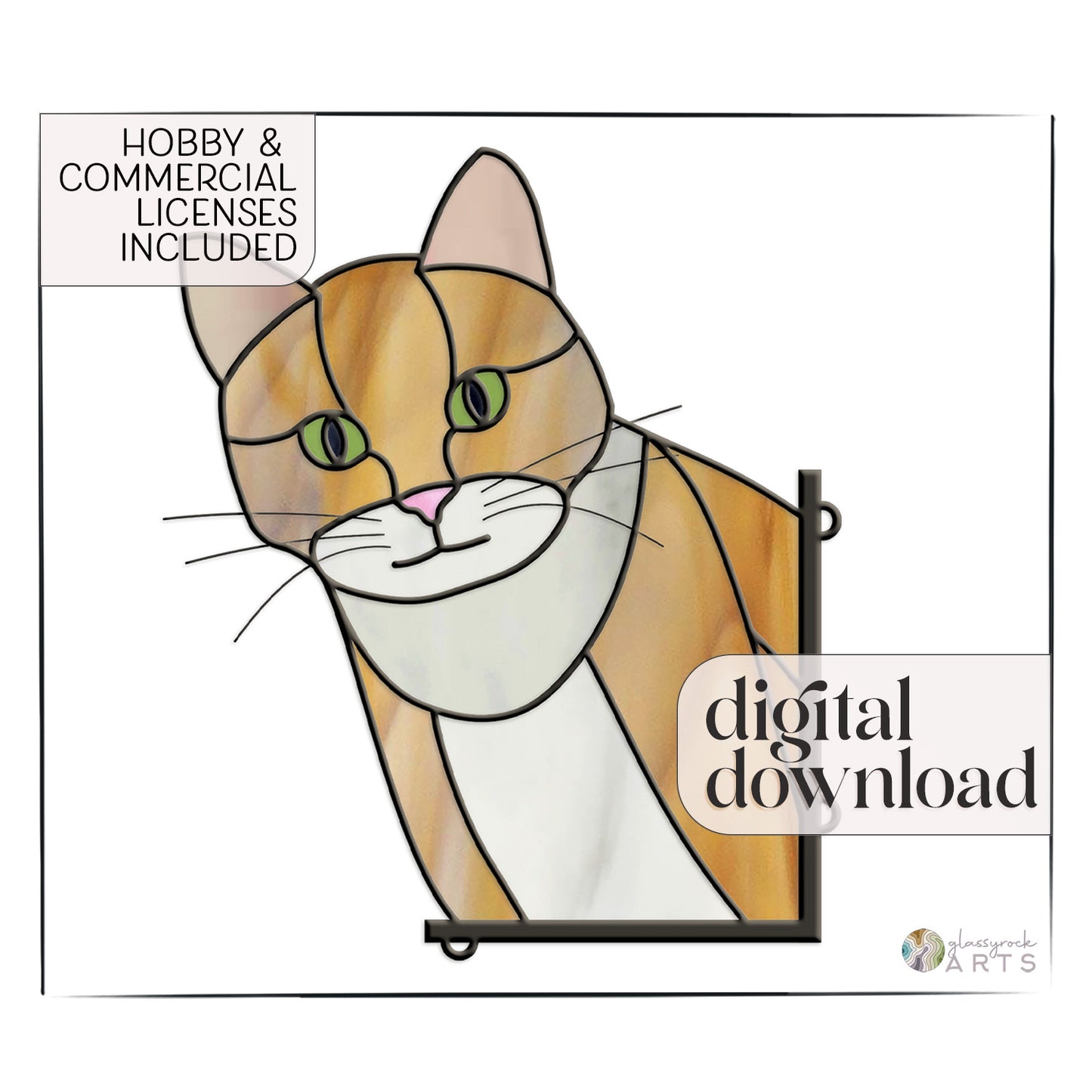 The Cat Buddy Stained Glass Pattern features an orange and white tabby cat with green eyes. It includes text saying Hobby & Commercial Licenses Included and offers a digital pattern download, ideal for advanced beginners in stained glass art.