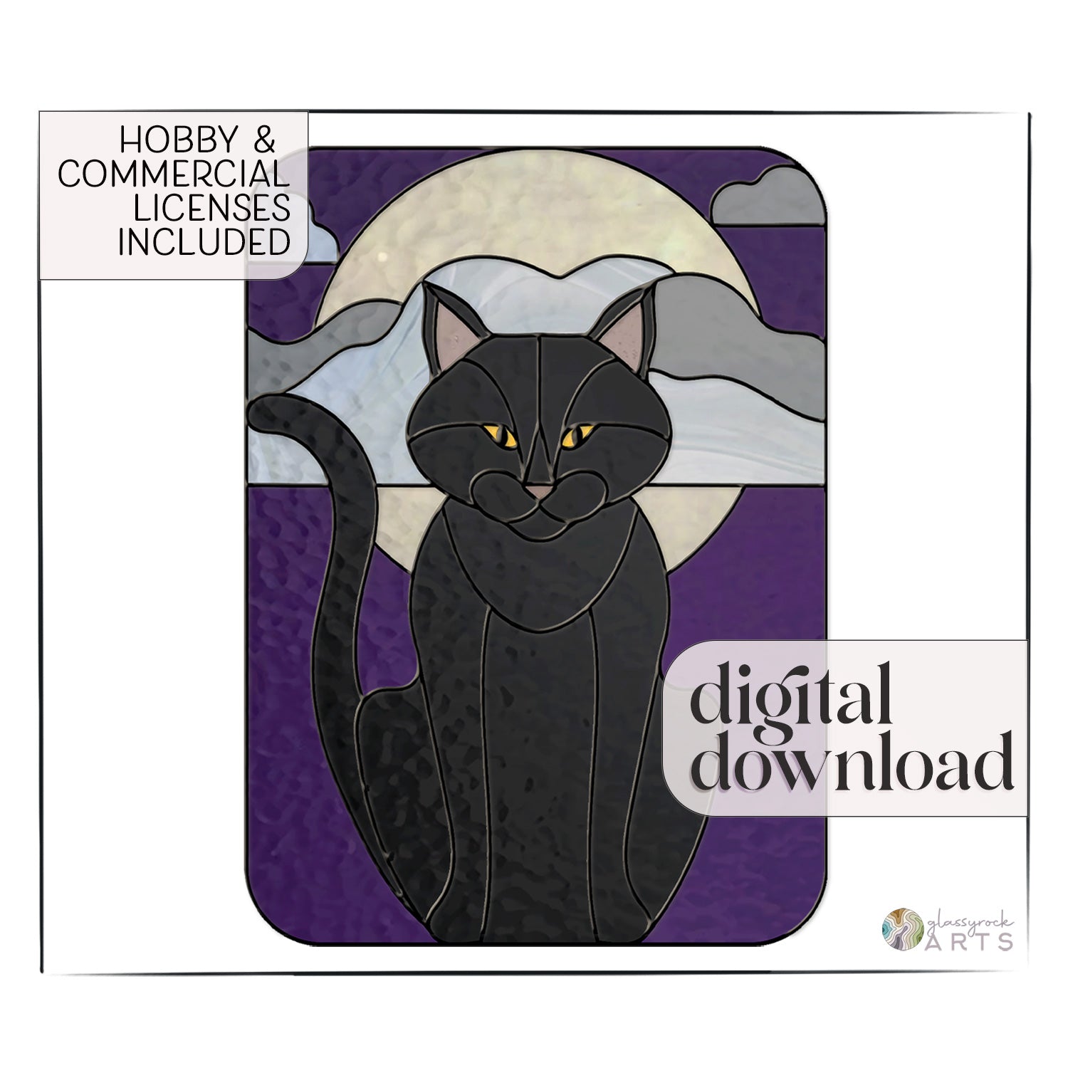 A picture of the Full Moon Halloween Black Cat Stained Glass Panel Pattern from GlassyRock Arts. 