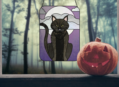 Full Moon Halloween Black Cat Stained Glass Panel Pattern