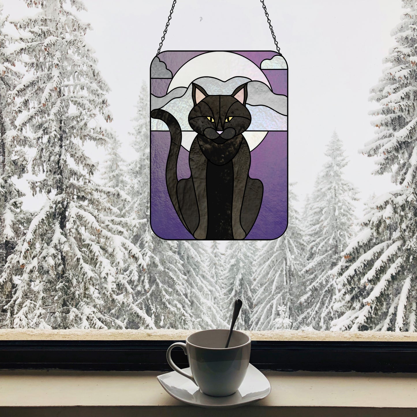 Full Moon Halloween Black Cat Stained Glass Panel Pattern
