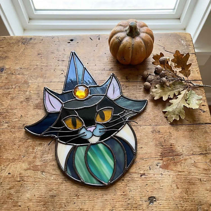 Cat Witch Halloween Stained Glass Pattern
