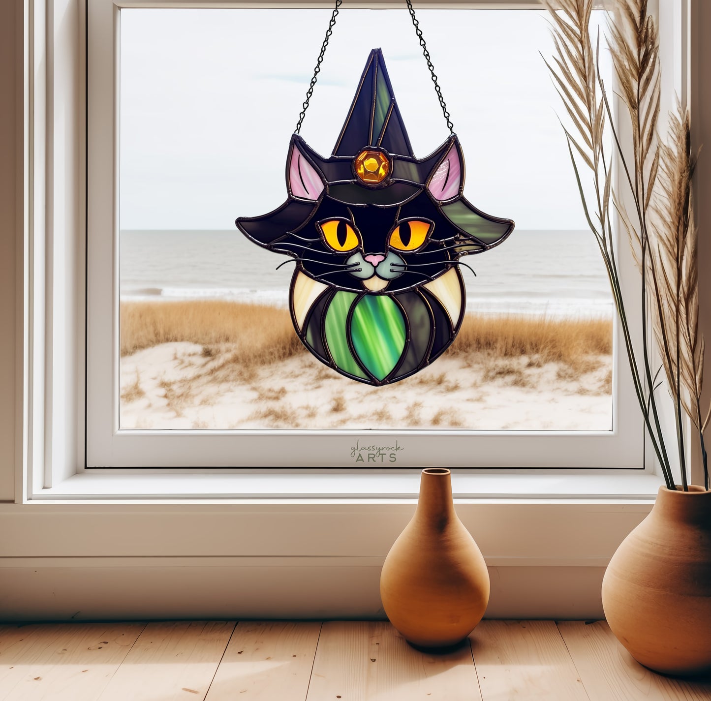 A picture of the Cat Witch Halloween Stained Glass Pattern from GlassyRock Arts. 