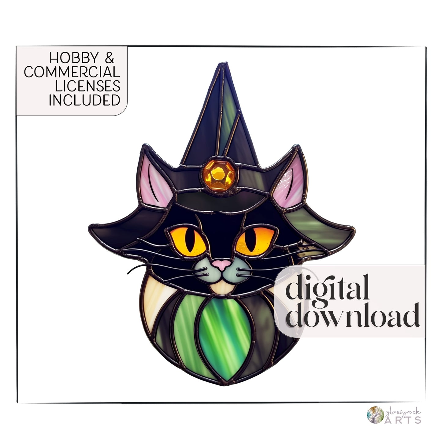 Cat Witch Halloween Stained Glass Pattern