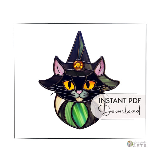 Cat Witch Halloween Stained Glass Pattern
