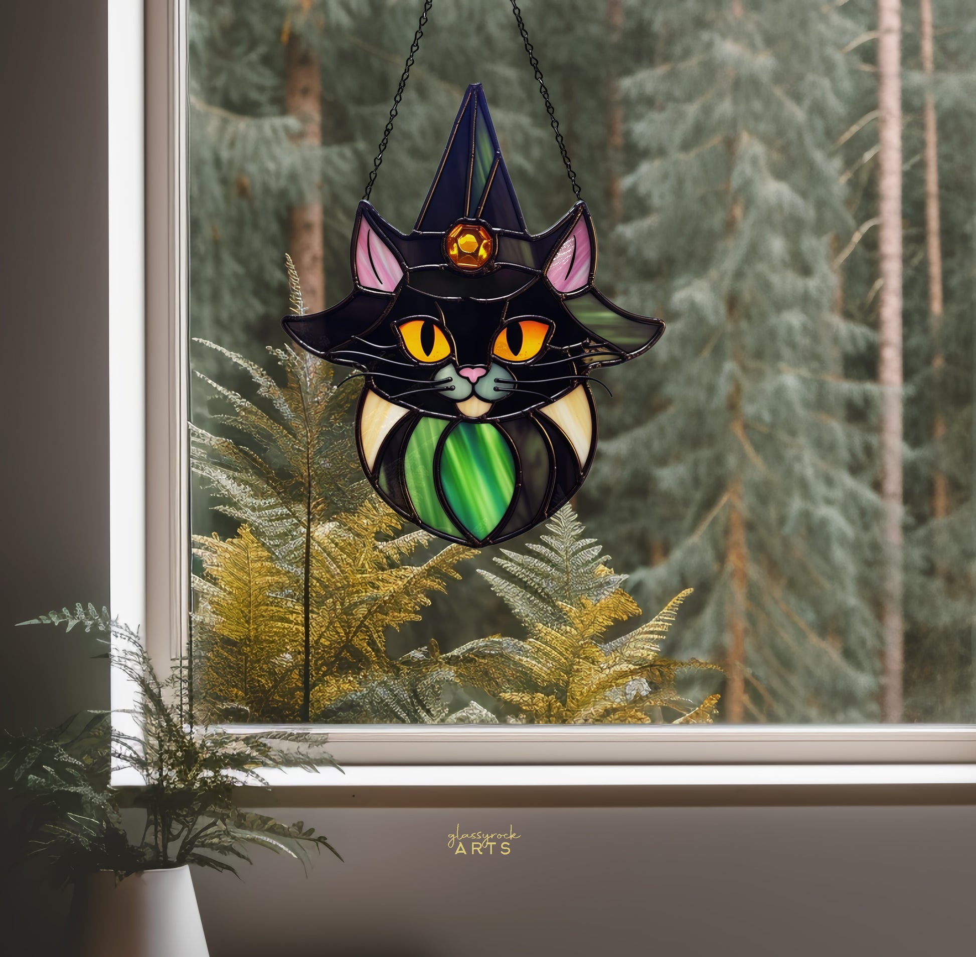 A picture of the Cat Witch Halloween Stained Glass Pattern from GlassyRock Arts. 