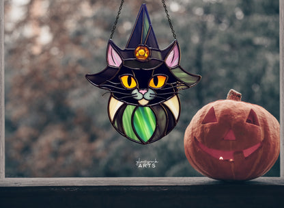 A picture of the Cat Witch Halloween Stained Glass Pattern from GlassyRock Arts. 