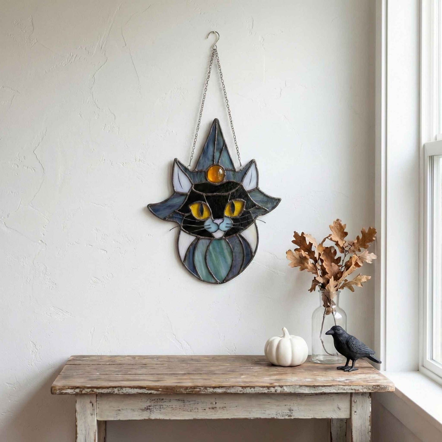Cat Witch Halloween Stained Glass Pattern