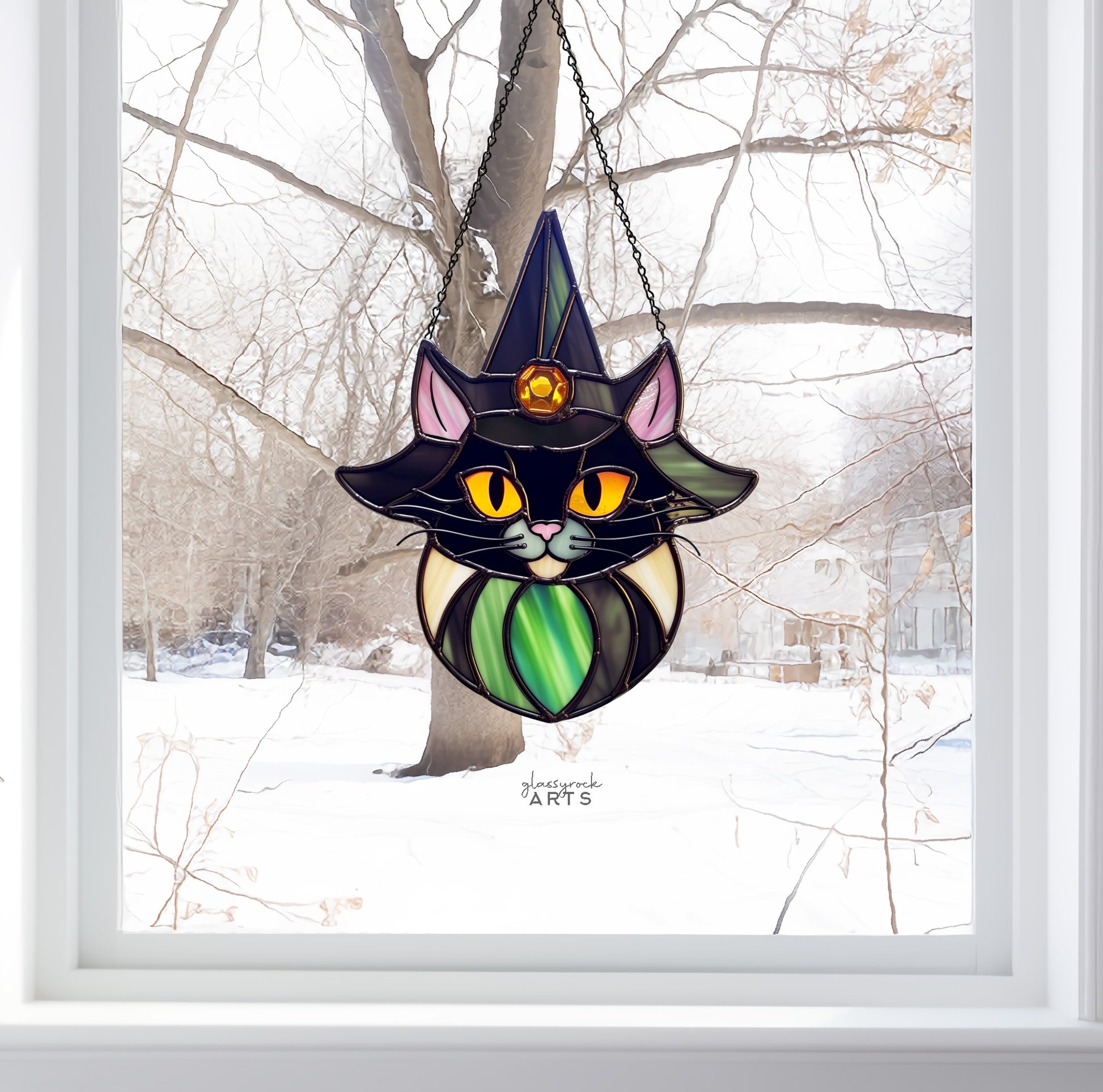 A picture of the Cat Witch Halloween Stained Glass Pattern from GlassyRock Arts. 