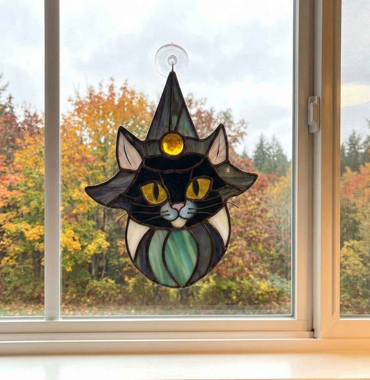 Cat Witch Halloween Stained Glass Pattern