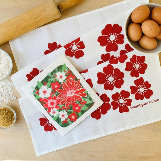Red Flowers Tea Towel + Poinsettia Swedish Dishcloth Bundle - Tea Towel from sweetgum home, LLC