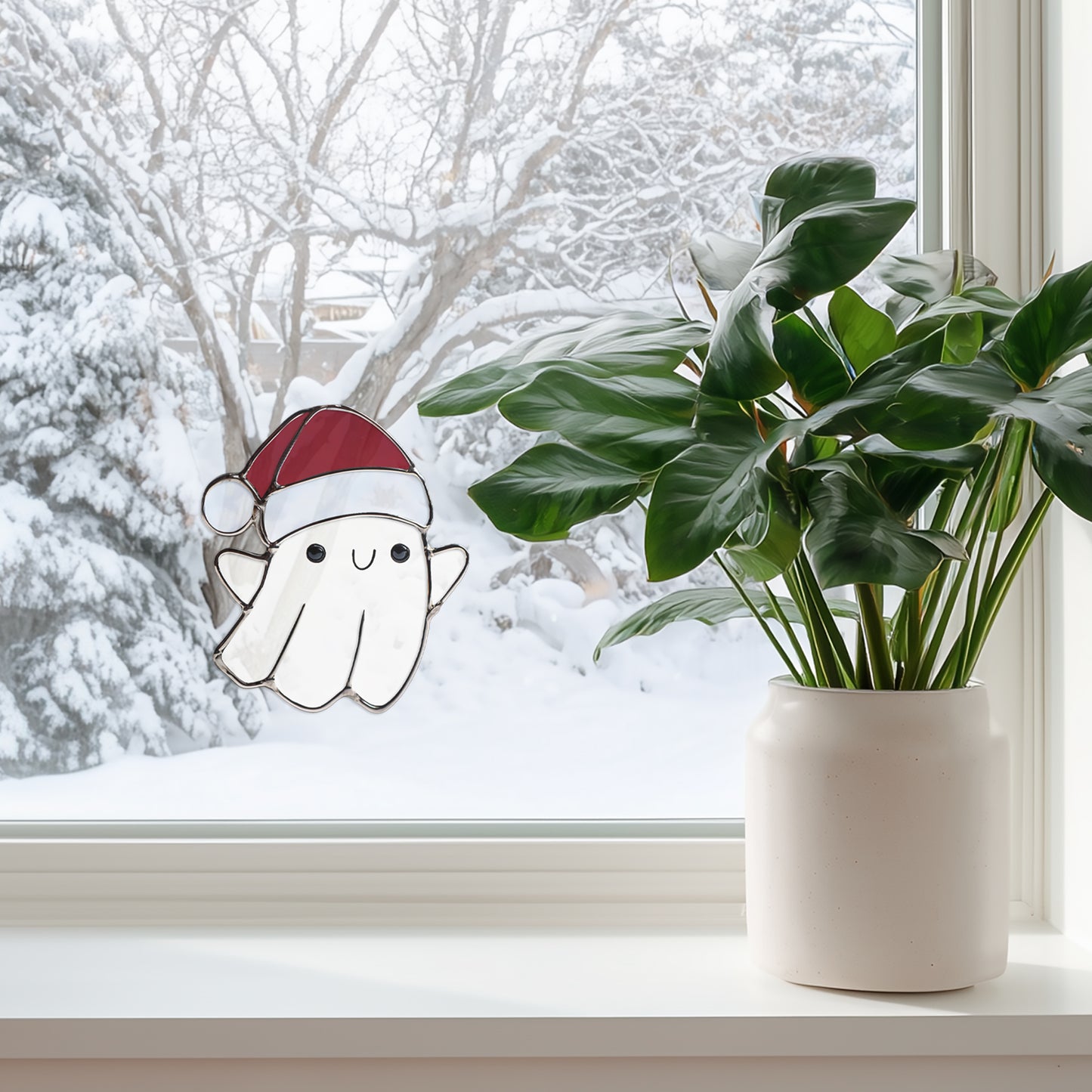 Cute Christmas Ghost Stained Glass Pattern and PNG