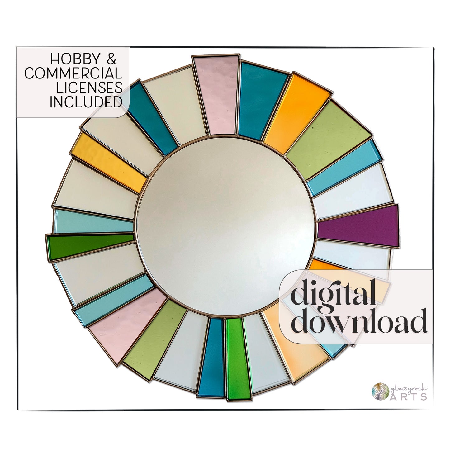 A round mirror surrounded by bright multicolored pieces of stained glass radiating from the edges of the mirror. There is text superimposed which reads "hobby and commercial licenses included" and "digital download."