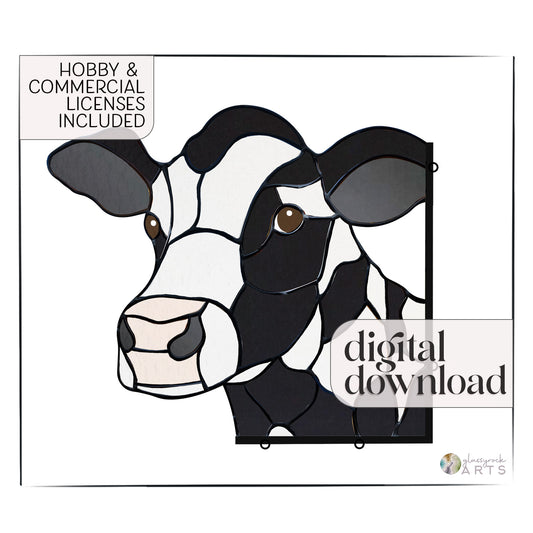 Stained glass pattern of a black and white cow with large brown eyes, ideal for a suncatcher. Text includes Hobby & Commercial Licenses Included and Digital Pattern Download. Product: Cow Buddy Stained Glass Pattern.