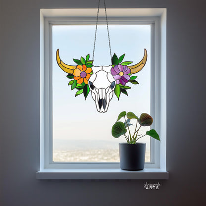 Cow Skull Floral Stained Glass Pattern